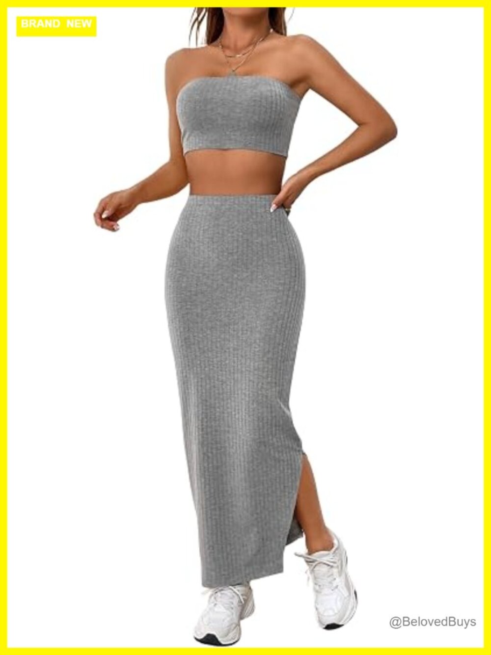 Women's 2 Piece Lounge Set Knit Tube Crop Top Split Midi Skirt